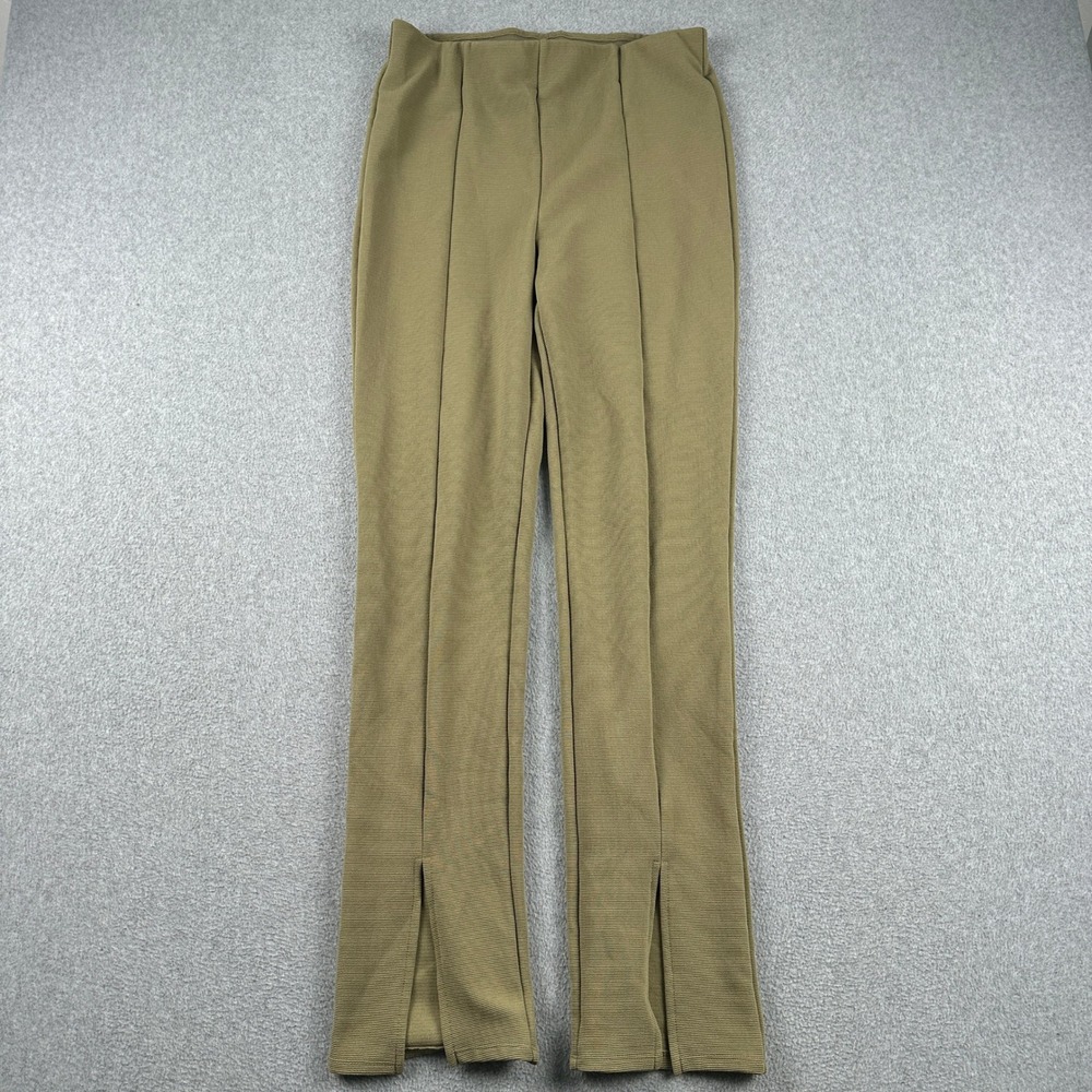 H&M Pants Womens L Ribbed High Rise Olive Green Front Slit Hem Stretch Leggings